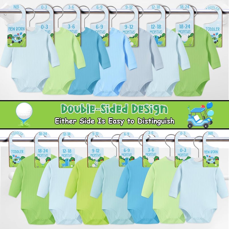 CORNER LACE Baby Closet Dividers 8PCS, Golf Themed Wooden Double-Sided Clothes Size Hanger Organizer from Newborn to Toddler for Nursery Decor Baby Shower Birthday Gift Blue & Green - Image 3